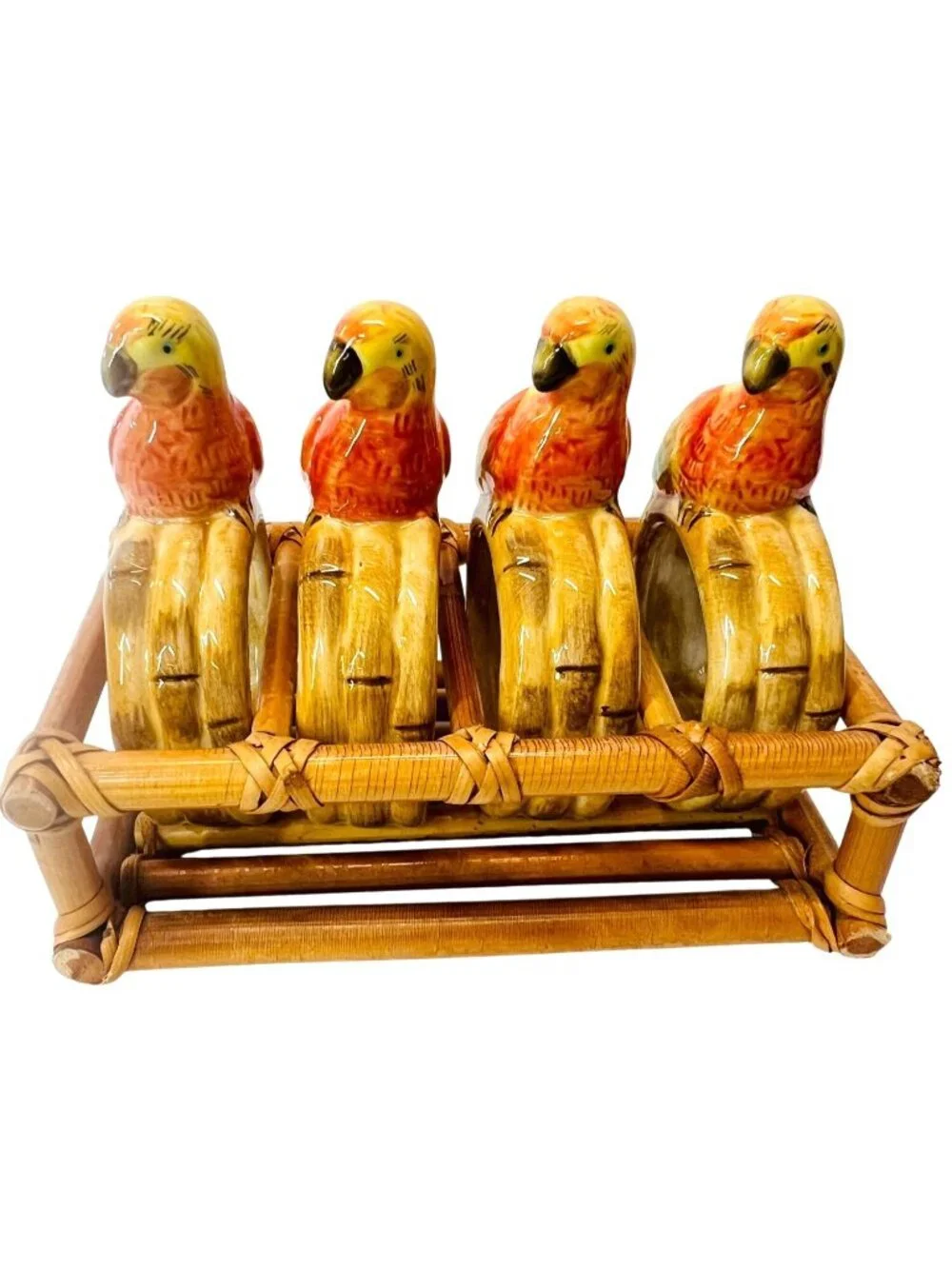 Retro 1980s Ceramic Parrot Napkin Rings & Bamboo Caddy Set MCM Tropical Decor